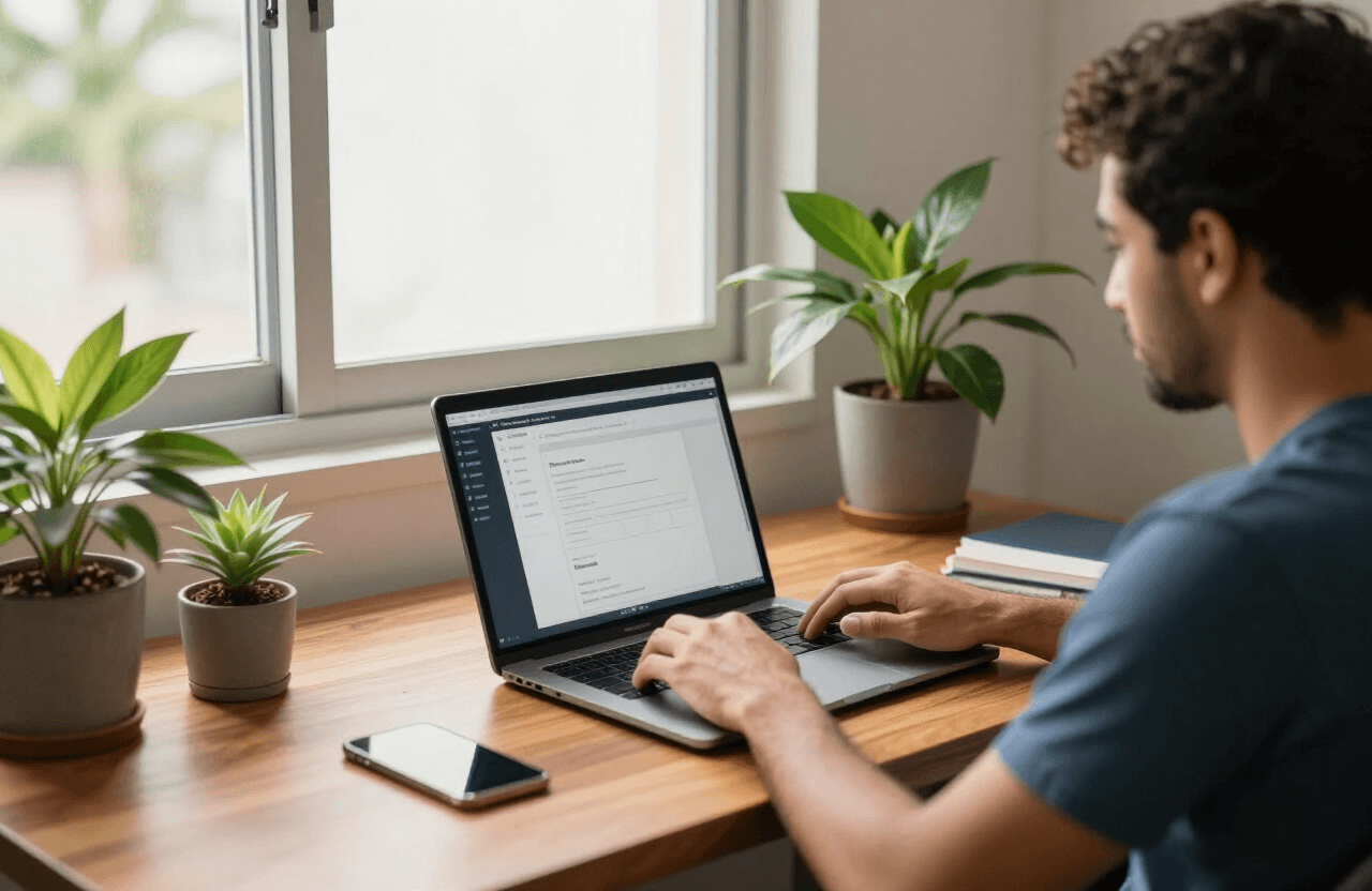 Desenvolvedora trabalhando em notebook cercado de plantas em escritório iluminado