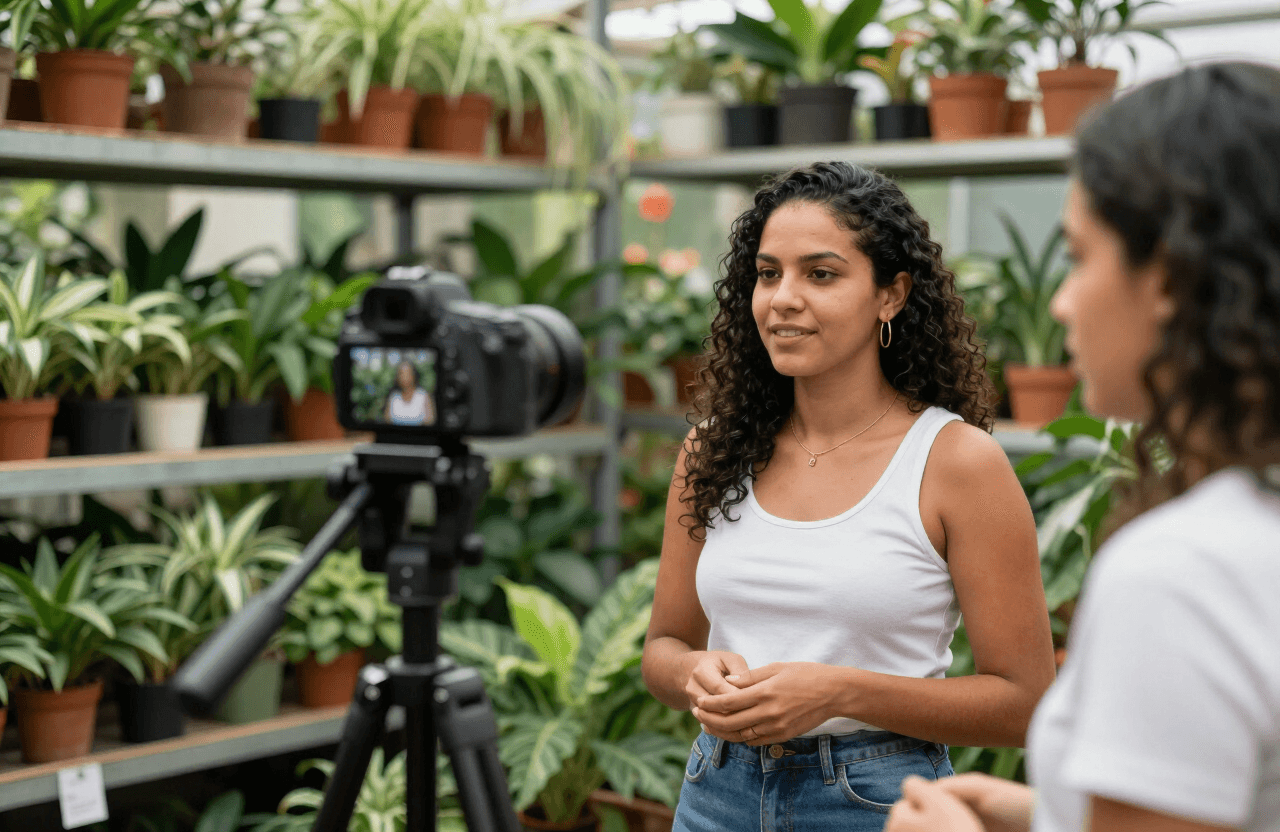 Mulher gravando vídeo sobre plantas com câmera em tripé dentro de um viveiro